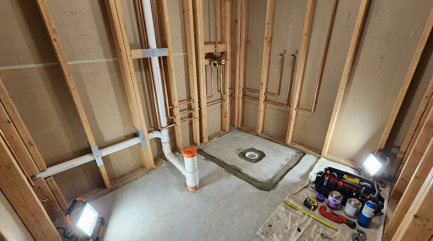 Bathroom rough-in plumbing during remodel by Johns Plumbing LLC in Belfast