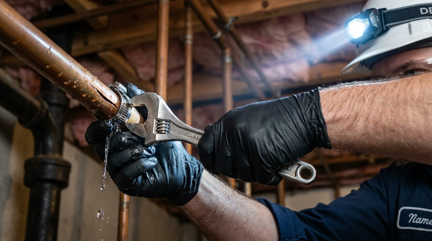 Emergency pipe clamp repair being performed by a Johns Plumbing LLC plumber in Belfast