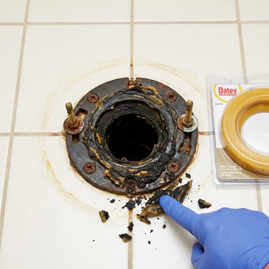 Failed wax ring showing water seepage at the base of a toilet in a Belfast, ME home